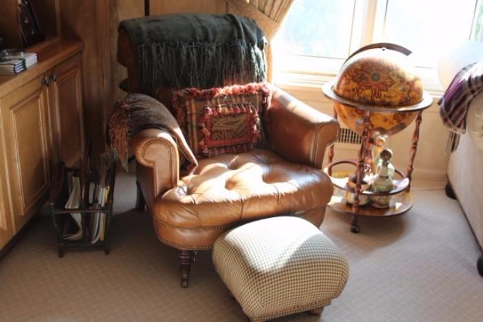 Tufted Easy Chair, Ottoman & Standing Globe
