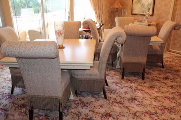 Pair Square Tables & 2 Sets of 4 Fringed, Upholstered Chairs