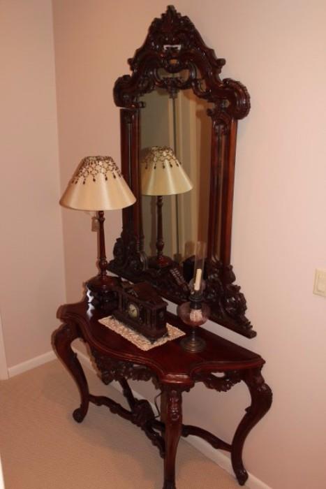 Wood Carved Table & Mirror
