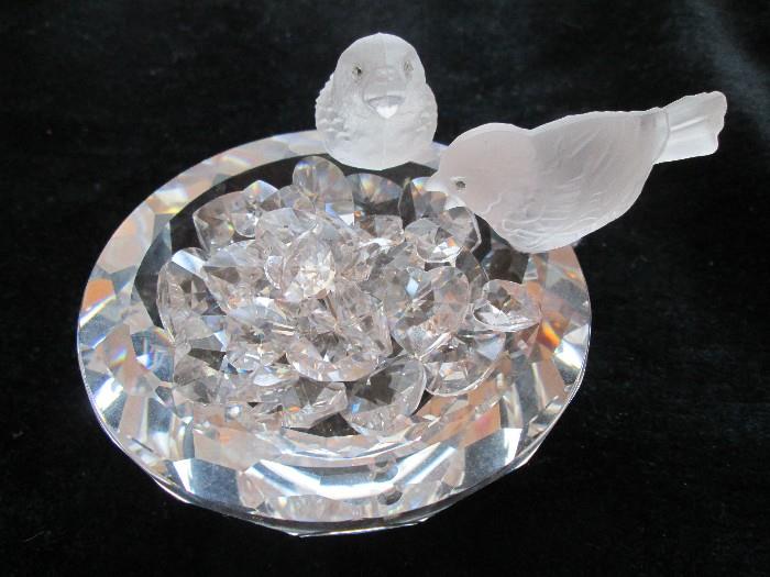 Swarovski birds on birdbath with tiny crystal hearts