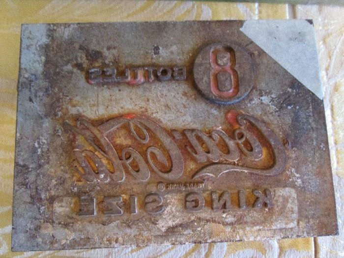 Vintage metal print block for Coca Cola King Size bottles