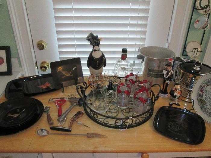 Bar Ware with vintage bottle opener collection, Kentucky Derby tumblers, figural decanters, ice & champagne buckets