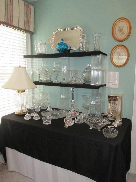 Misc. crystal items, some silverplate,  Frederick Cooper etched crystal lamp