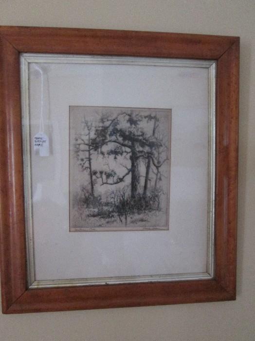 Original art by listed artist, James Swann "Southern Oaks"  in bird's eye maple frame