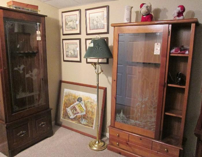2 different style gun cabinets, framed prints 