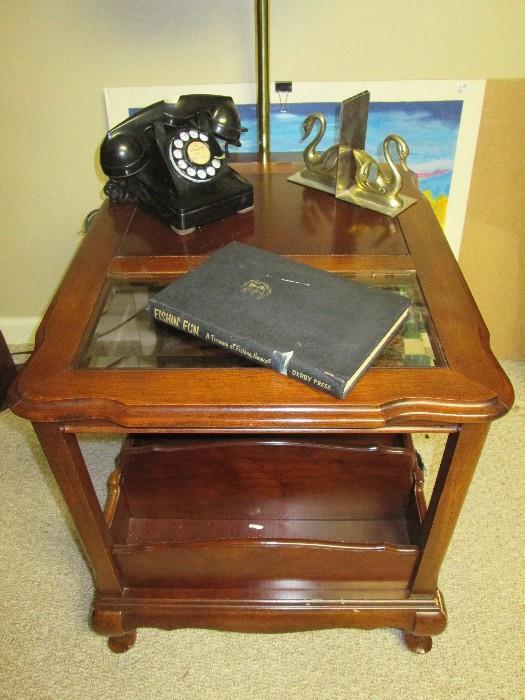 Vintage bakelite telephone, side table with book racks & slide out lamp table