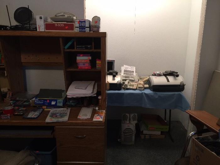 office desk, fax machines, printers