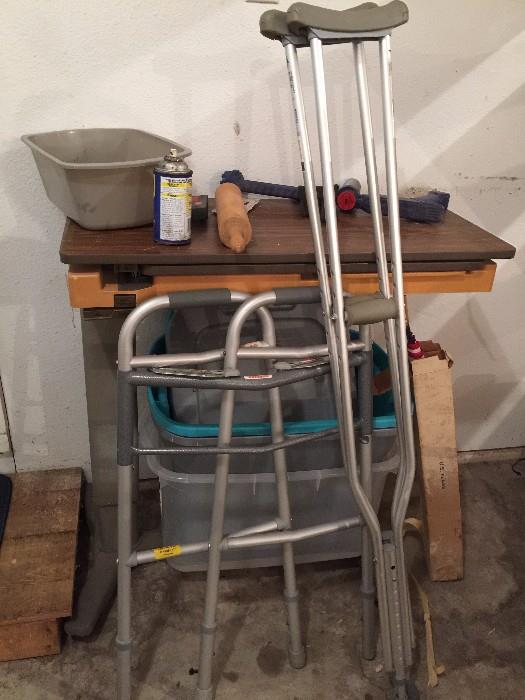 WHEEL CHAIR, WALKER, CRUTCHES, GARAGE TABLES, AND SHELVES