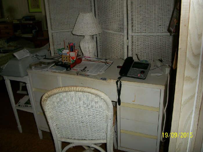 desk, wicker chair , wicker room screen