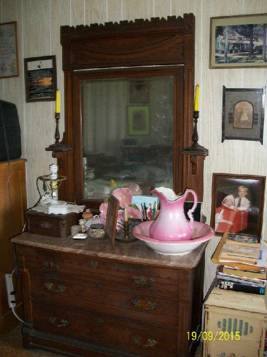 Antique pink marble top dresser