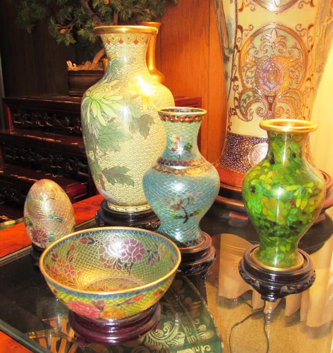 Beautiful Cloisonné glass vases and bowl