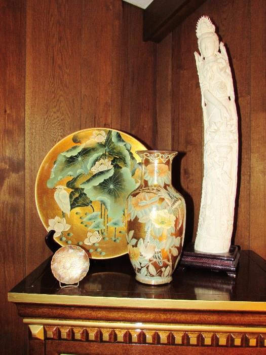 Large Carved Bone Statue and Asian Vases and Plates