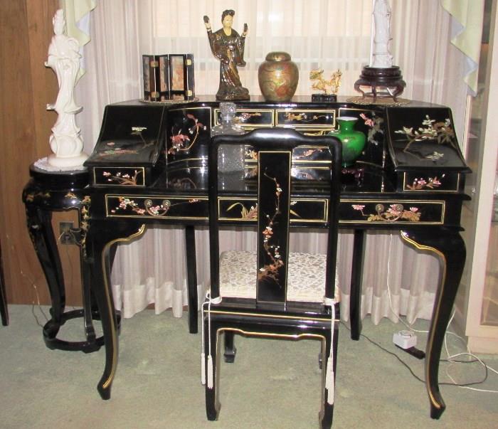Oriental Black Lacquered Desk and Chair