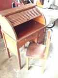 Child's roll top desk with chair