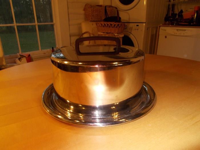 Mid Century Modern Stainless Steel Cake Holder & Cover - LARGE - 7" Tall