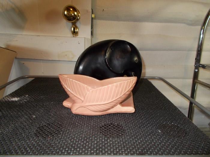 Shawnee  - 1 piece - Black Elephant in background; Pink Leaves vase in foreground - Pristine Condition!!