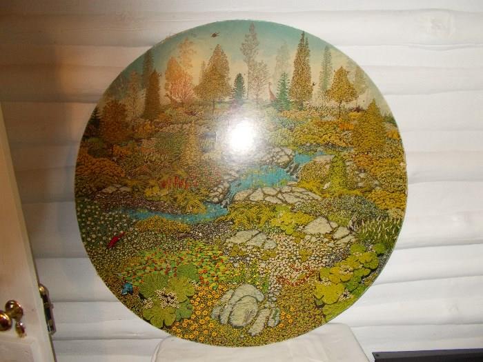 HUGE Round Print on Artist Board - Animals, Trees, Water. Wildlife - Very Colorful - 35" Across (side to side) - Light in middle is reflection from overhead light!!!!!
