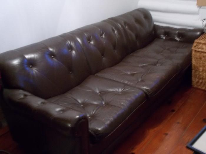 Large Brown Leather(?) Sofa - 3 Cushions - 90" long