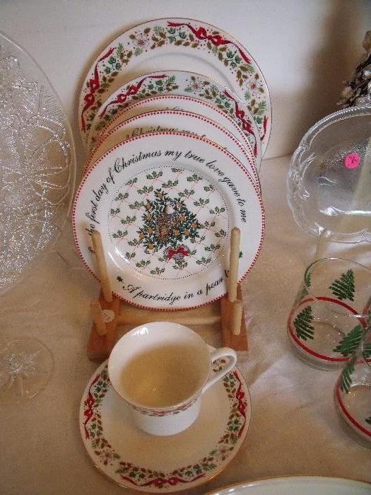 "Twelve Days of Christmas" porcelain china set - service for 12.  Each desert/salad plate has a different day of Christmas depicted from the song