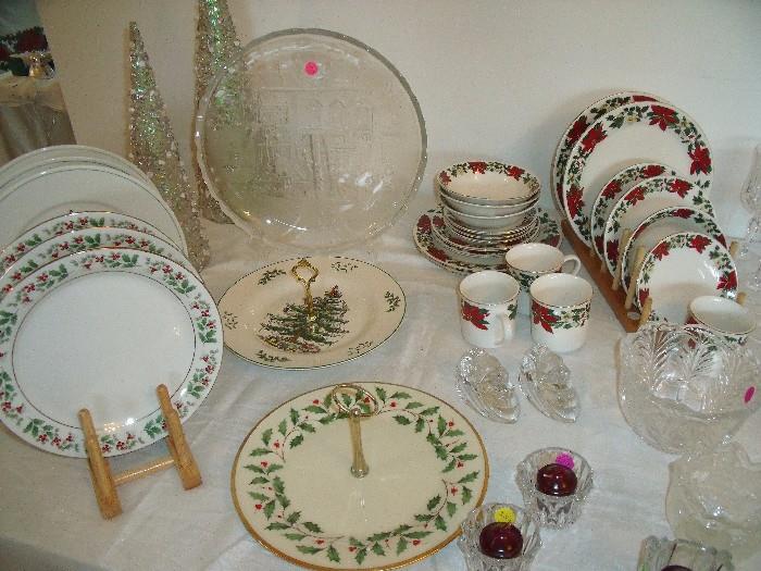 Gibson Poinsettia service for 4 china set - right background.  Spode tidbit plate - center middle and Lenox "Holiday" tidbit plate center front