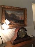 Mantle clock, brass lamp and Lizzie Ellis painting