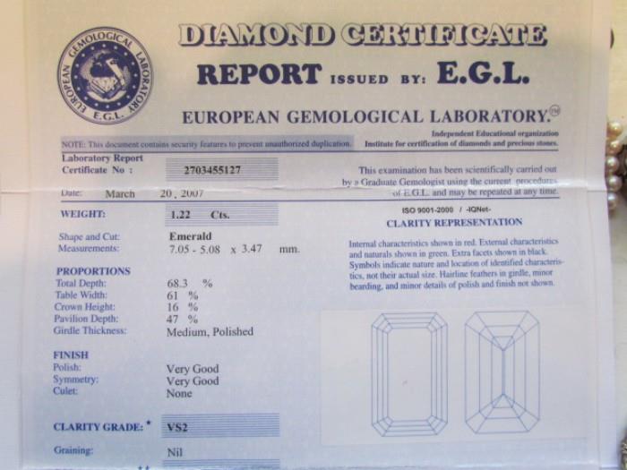 EGL certificate for the previous 1.22 carat diamond ring.