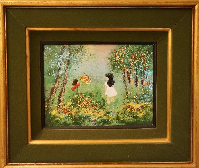 Enamel painting on copper by Greene titled 'Playing in the Park.' COA on the back