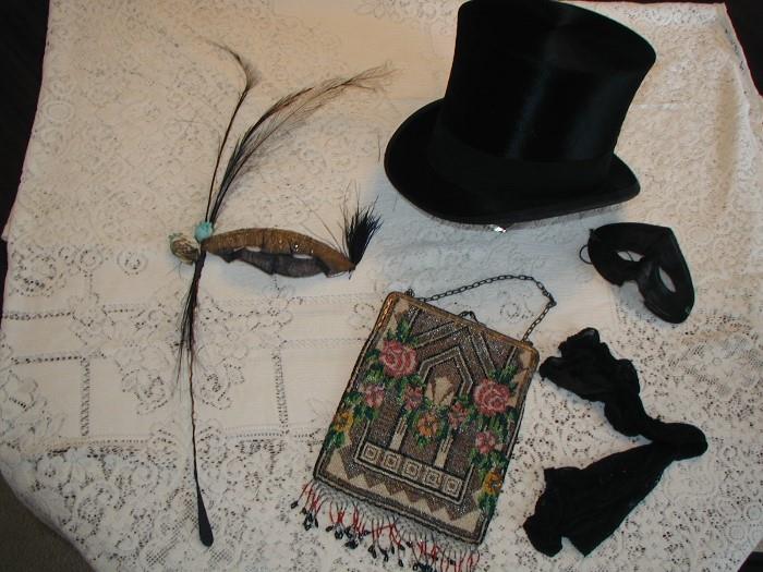 Beaver top hat, Victorian mask, purse and gloves