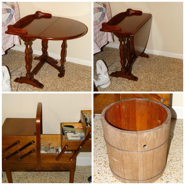 Handmade solid wood swing out table $100.00, Sewing box $20.00, Wooden ice cream bucket $10.00