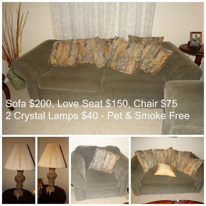 Sofa, Loveseat & Chair $425.00 Crystal lamps $40.00 each 