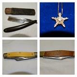 Vintage barber shop razors $50.00 each.  Gold knife $40.00 Brown knife $50.00