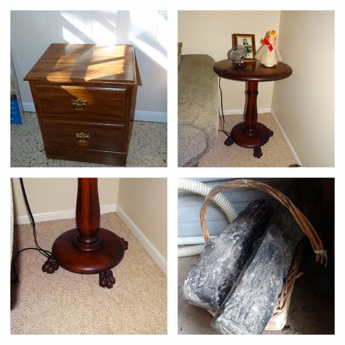 Night stand $30.00 Pedestal table $150.00 Fireplace faux logs $30.00