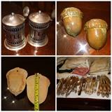 Coffee & Tea Decanters $25.00 Pottery wall pockets $40 the pair, misc. silverplate flatware $50.00