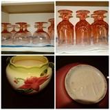 Pink glassware $50.00 Hull Pottery $40.00