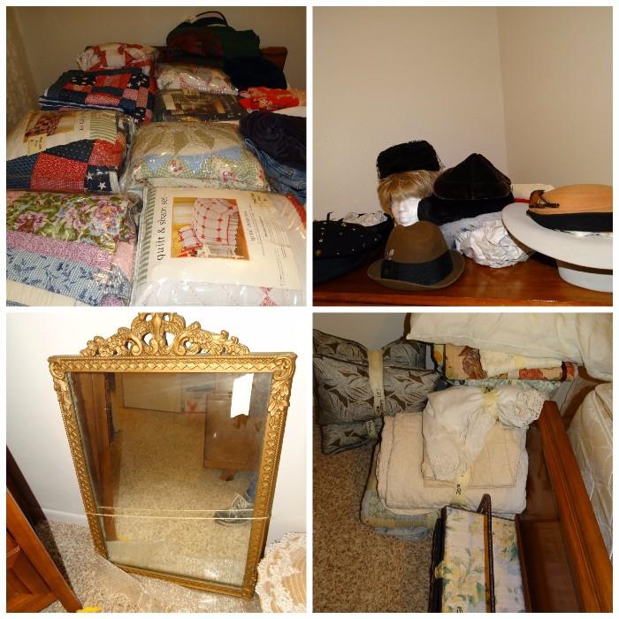 New & used quilts $30 - $100.00 Misc hats $10-$150.00, Gold mirror $75.00. Misc linens $10-$30.00