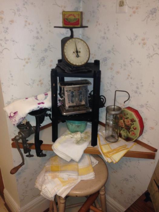 Great Vintage items including Cherry pitter, Mayonaise maker, scale, toaster and linen
