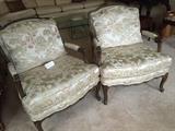 Upholstered & Carved Arm Chairs, Pair