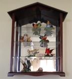 Wood, glass & mirror display shelf. Lenox porcelain birds are featured here.