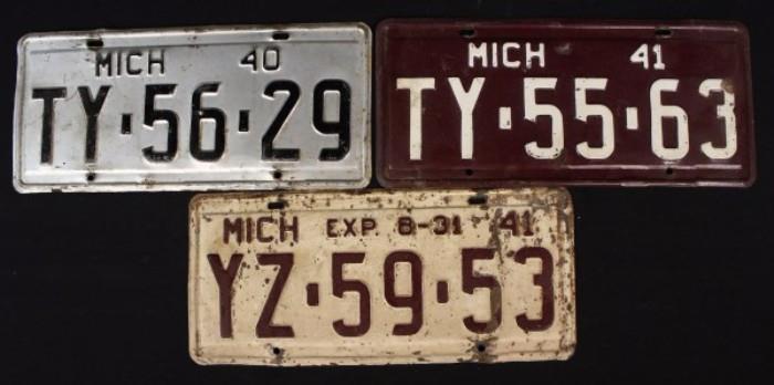 3 Vintage Michigan License Plates - 1939 & 1941, Collectible, Michigan