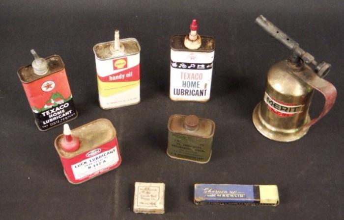 Assorted Vintage Oil Cans, Whetstone