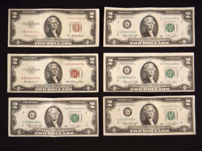 Lot of 6 - 2 Dollar Bills - Star Note - '53 - '76, Currency