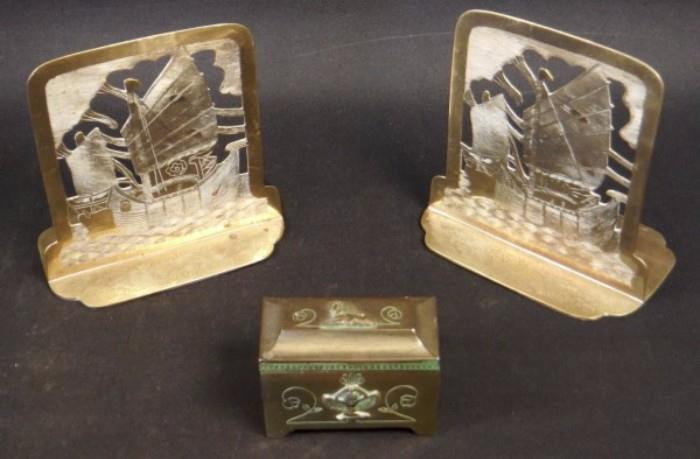 2 Brass Bookends & Egyptian Design Trinket Box