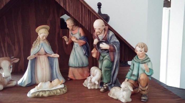 Vintage 1951 Hummel Nativity Set, tall large figures. Manager and 12 figures -  Mary - Joseph - baby - shepherd - shepherd boy - lamb - 3-wisemen - camel - cow - hanging angel.