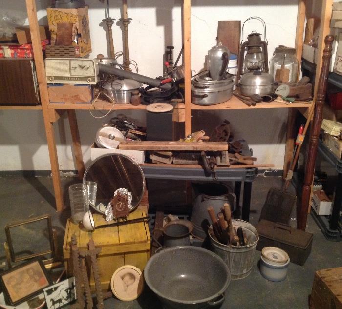 Graniteware, Old Cookware, Daisy Churn, Very Old Tools, Enamelware, Old Lantern - Nier Firehand Patent Office, Antique Kraut Cutter, Antique Reading Co. Apple Slicer, RCA Victor Radio, Antique Meat Grinder, Candlestick Lamps