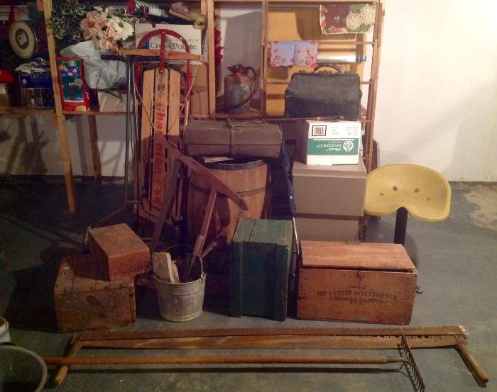 Old Riding Crop, Old Saws, Antique Doctor's Bag, Old  Boxes and Barrel, Old Lawn Mower, Old Wood Quilt/Drying Rack, Tractor Seat Stool, Old Champion F-56 Sled
