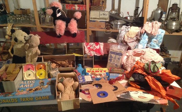 1950's Stuffed Pink Poodle, Old Teddy Bears, Old McDonald Game, 45 Records, Old Doll House and Doll Clothes, Polyanna Game Board, Vintage Halloween