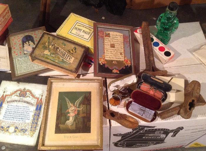 Old Boxes, Old Glasses, Old Children's Iron Shoe Lasts, Antique Framed Prints