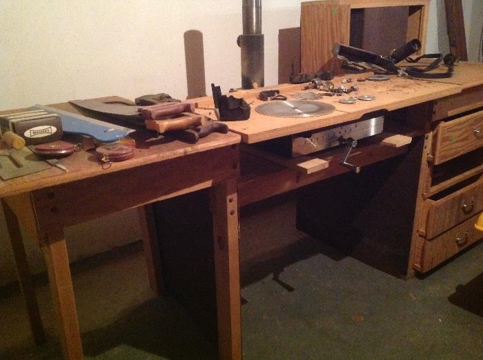 Old Workbench with tools including Craftsman Radial 100 Saw