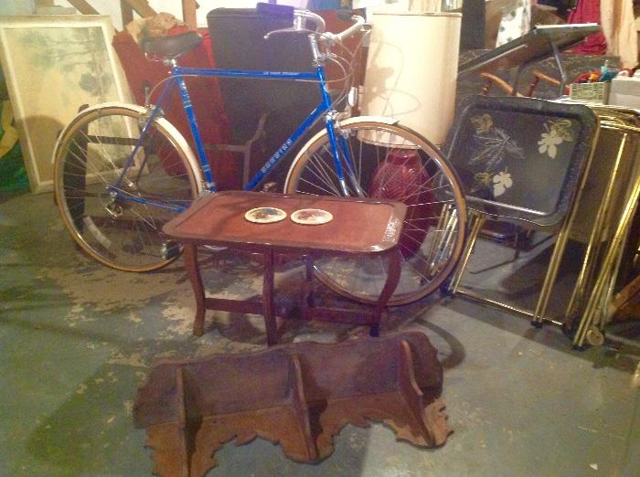 Vintage TV Trays, Ceramic Lamp, Vintage Schwinn Le Tour Tourist Bike, Antique Carved Shelf, Vintage Table