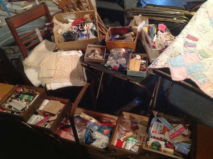 Lots of old sewing items and old sewing machine 